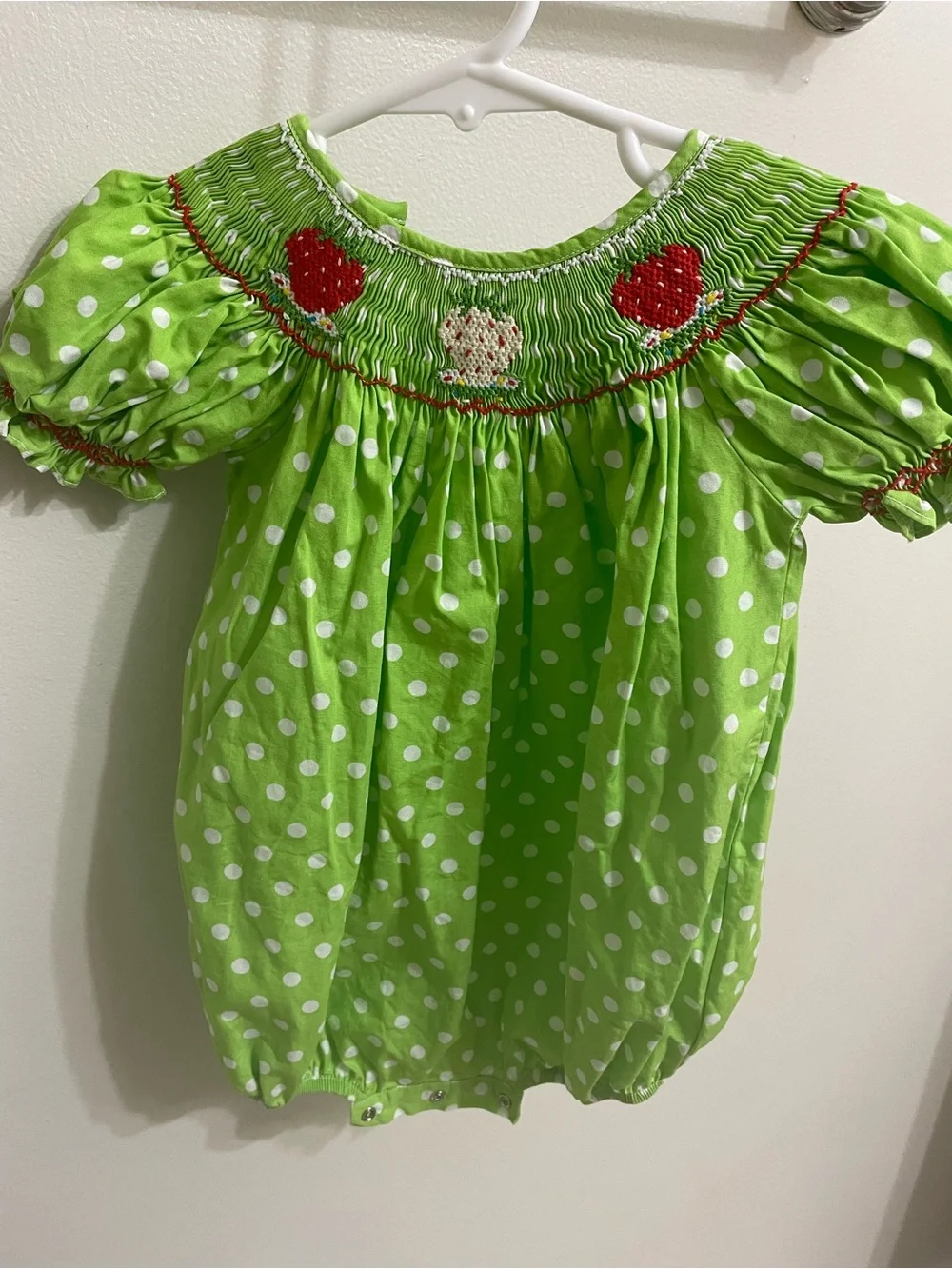 Smocked Lime Green Polka Dot Girls' Bubble Top with Red Apple Detail